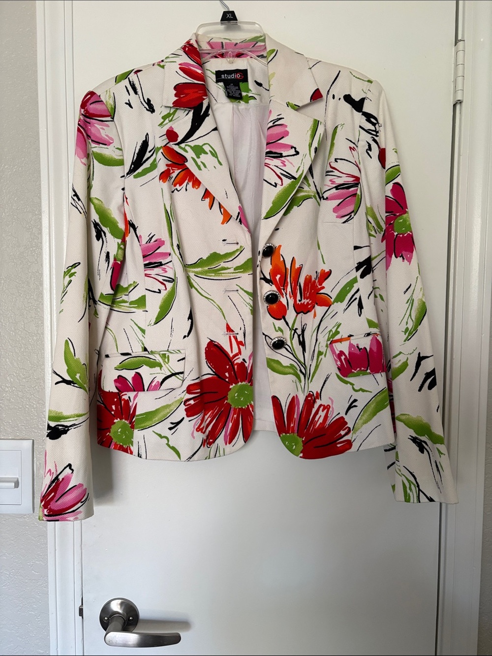Studio 17 White Blazer with Red & Pink Floral Print. Upgraded buttons.($5.95) ea